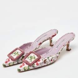 Pre Owned Manolo Blahnik Light Purple Floral Print Satin Maysalebi Mules Size 38.5
