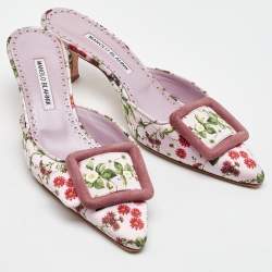 Pre Owned Manolo Blahnik Light Purple Floral Print Satin Maysalebi Mules Size 38.5