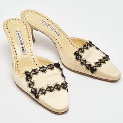 Pre Owned Manolo Blahnik Light Yellow Satin Lace Detail Mules Size 38.5