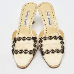Pre Owned Manolo Blahnik Light Yellow Satin Lace Detail Mules Size 38.5