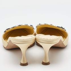 Pre Owned Manolo Blahnik Light Yellow Satin Lace Detail Mules Size 38.5