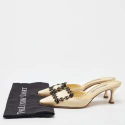 Pre Owned Manolo Blahnik Light Yellow Satin Lace Detail Mules Size 38.5