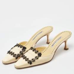 Pre Owned Manolo Blahnik Light Yellow Satin Lace Detail Mules Size 38.5