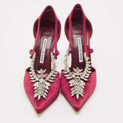 Pre Owned Manolo Blahnik Burgundy Satin Lala Pumps Size 38.5 