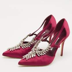 Pre Owned Manolo Blahnik Burgundy Satin Lala Pumps Size 38.5 