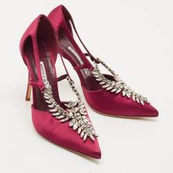 Pre Owned Manolo Blahnik Burgundy Satin Lala Pumps Size 38.5 