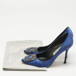 Pre Owned Manolo Blahnik Navy Blue Satin Hangisi Pumps Size 38