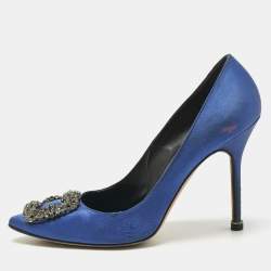 Pre Owned Manolo Blahnik Navy Blue Satin Hangisi Pumps Size 38