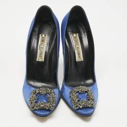 Pre Owned Manolo Blahnik Navy Blue Satin Hangisi Pumps Size 38