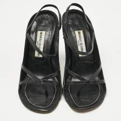 Pre Owned Manolo Blahnik Black Mesh and Leather Slingback Sandals Size 37.5