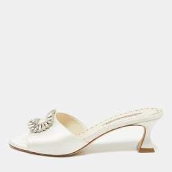 Pre Owned Manolo Blahnik Off White Satin Laalita Mules Size 40