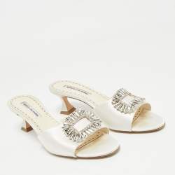 Pre Owned Manolo Blahnik Off White Satin Laalita Mules Size 40