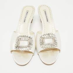 Pre Owned Manolo Blahnik Off White Satin Laalita Mules Size 40