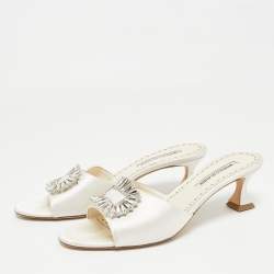 Pre Owned Manolo Blahnik Off White Satin Laalita Mules Size 40