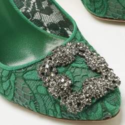 Pre Owned Manolo Blahnik Green Lace and Mesh Hangisi Pumps Size 37.5