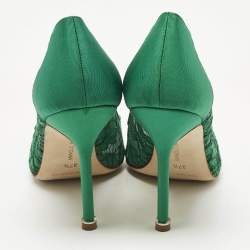 Pre Owned Manolo Blahnik Green Lace and Mesh Hangisi Pumps Size 37.5