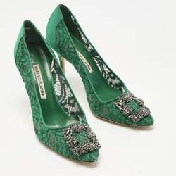 Pre Owned Manolo Blahnik Green Lace and Mesh Hangisi Pumps Size 37.5