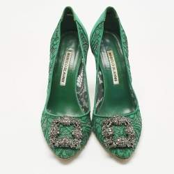Pre Owned Manolo Blahnik Green Lace and Mesh Hangisi Pumps Size 37.5