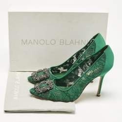 Pre Owned Manolo Blahnik Green Lace and Mesh Hangisi Pumps Size 37.5