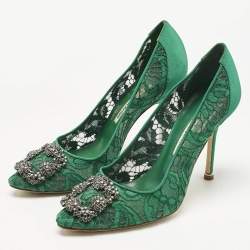 Pre Owned Manolo Blahnik Green Lace and Mesh Hangisi Pumps Size 37.5