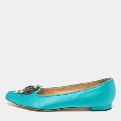 Pre Owned Manolo Blahnik Teal Satin Eufrasia Ballet Flats Size 38.5