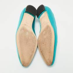 Pre Owned Manolo Blahnik Teal Satin Eufrasia Ballet Flats Size 38.5