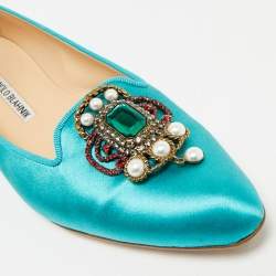 Pre Owned Manolo Blahnik Teal Satin Eufrasia Ballet Flats Size 38.5