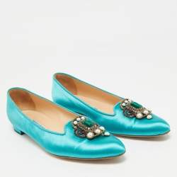 Pre Owned Manolo Blahnik Teal Satin Eufrasia Ballet Flats Size 38.5