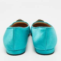 Pre Owned Manolo Blahnik Teal Satin Eufrasia Ballet Flats Size 38.5