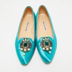 Pre Owned Manolo Blahnik Teal Satin Eufrasia Ballet Flats Size 38.5