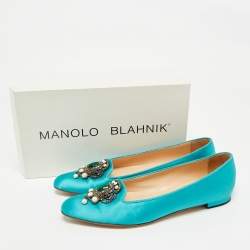 Pre Owned Manolo Blahnik Teal Satin Eufrasia Ballet Flats Size 38.5
