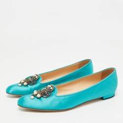 Pre Owned Manolo Blahnik Teal Satin Eufrasia Ballet Flats Size 38.5