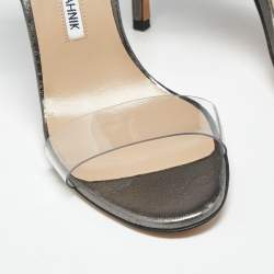 Pre Owned Manolo Blahnik Metallic Leather and PVC Estro Ankle Strap Sandals Size 39