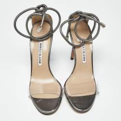 Pre Owned Manolo Blahnik Metallic Leather and PVC Estro Ankle Strap Sandals Size 39