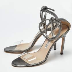 Pre Owned Manolo Blahnik Metallic Leather and PVC Estro Ankle Strap Sandals Size 39