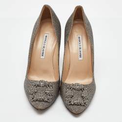 Pre Owned Manolo Blahnik Metallic Lurex Fabric Hangisi Crystal Embellished Pumps Size 38