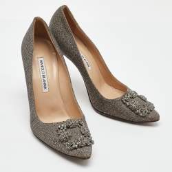 Pre Owned Manolo Blahnik Metallic Lurex Fabric Hangisi Crystal Embellished Pumps Size 38