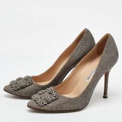 Pre Owned Manolo Blahnik Metallic Lurex Fabric Hangisi Crystal Embellished Pumps Size 38