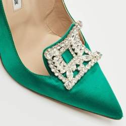Pre Owned Manolo Blahnik Green Satin Crystal Embellished Borlak Pumps Size 39.5