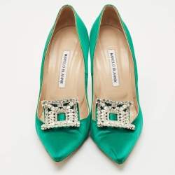 Pre Owned Manolo Blahnik Green Satin Crystal Embellished Borlak Pumps Size 39.5