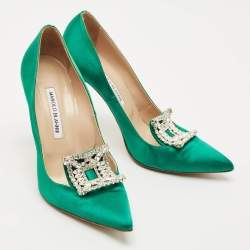 Pre Owned Manolo Blahnik Green Satin Crystal Embellished Borlak Pumps Size 39.5