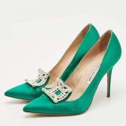 Pre Owned Manolo Blahnik Green Satin Crystal Embellished Borlak Pumps Size 39.5