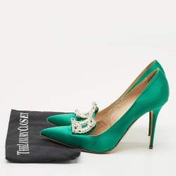 Pre Owned Manolo Blahnik Green Satin Crystal Embellished Borlak Pumps Size 39.5