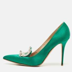 Pre Owned Manolo Blahnik Green Satin Crystal Embellished Borlak Pumps Size 39.5