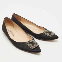 Pre Owned Manolo Blahnik Black Satin Hangisi Ballet Flats Size 42