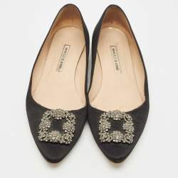Pre Owned Manolo Blahnik Black Satin Hangisi Ballet Flats Size 42