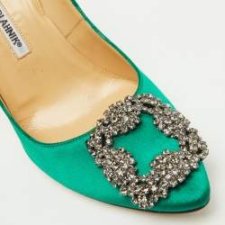 Pre Owned Manolo Blahnik Green Satin Hangisi Crystal Embellished Pumps Size 37.5