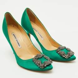 Pre Owned Manolo Blahnik Green Satin Hangisi Crystal Embellished Pumps Size 37.5