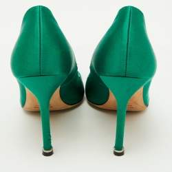 Pre Owned Manolo Blahnik Green Satin Hangisi Crystal Embellished Pumps Size 37.5