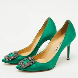 Pre Owned Manolo Blahnik Green Satin Hangisi Crystal Embellished Pumps Size 37.5
